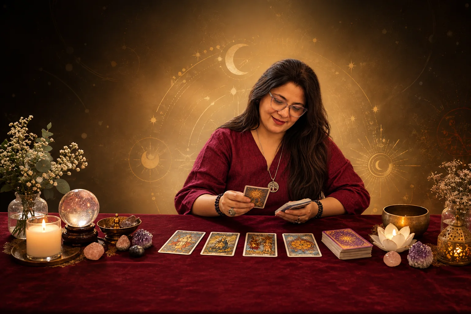 Sapnaa Khemani reading tarot cards by candlelight
